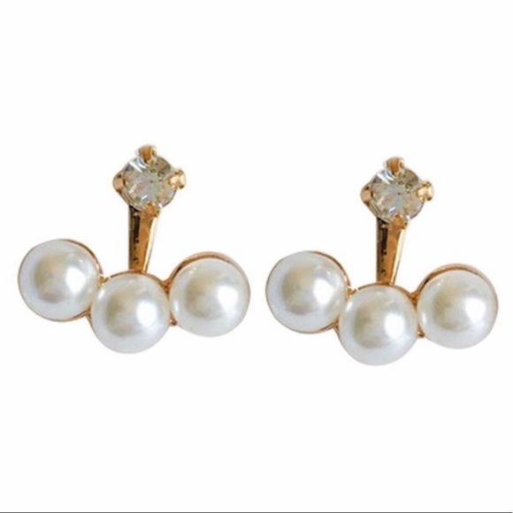 NWT Golden Faux Pearl Jacket Earrings Double Sided ~ Trendy Minimalist Vibe - Picture 8 of 12